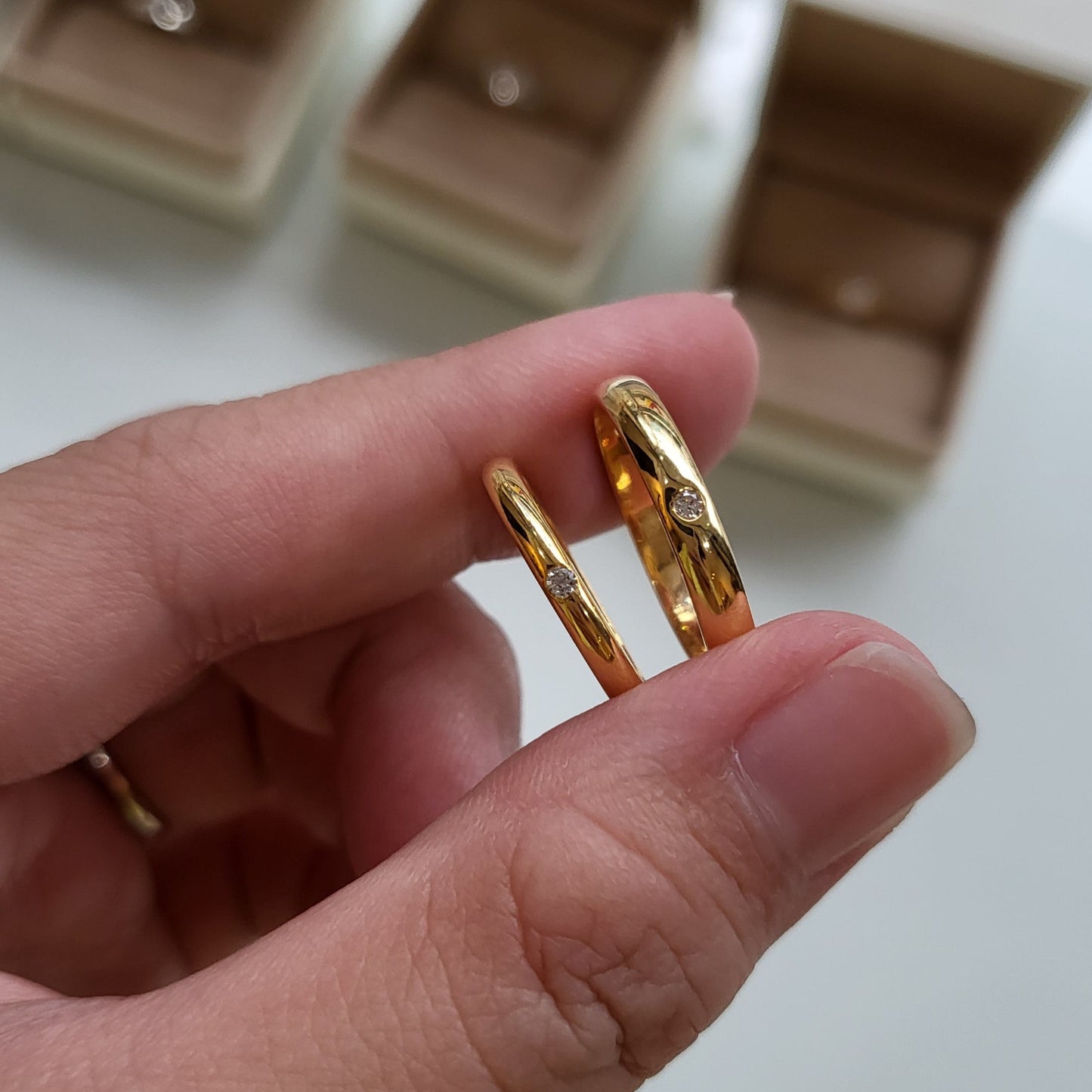 Customizable All Metal Wedding Band with Flush set Round Birthstone