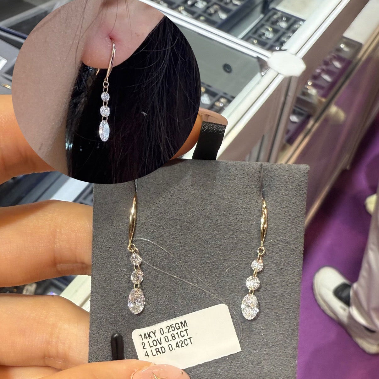 PRE-ORDER 1.2 TCW Triple Round and Oval Drilled Lab Diamond Dangler Earrings in 14K Gold