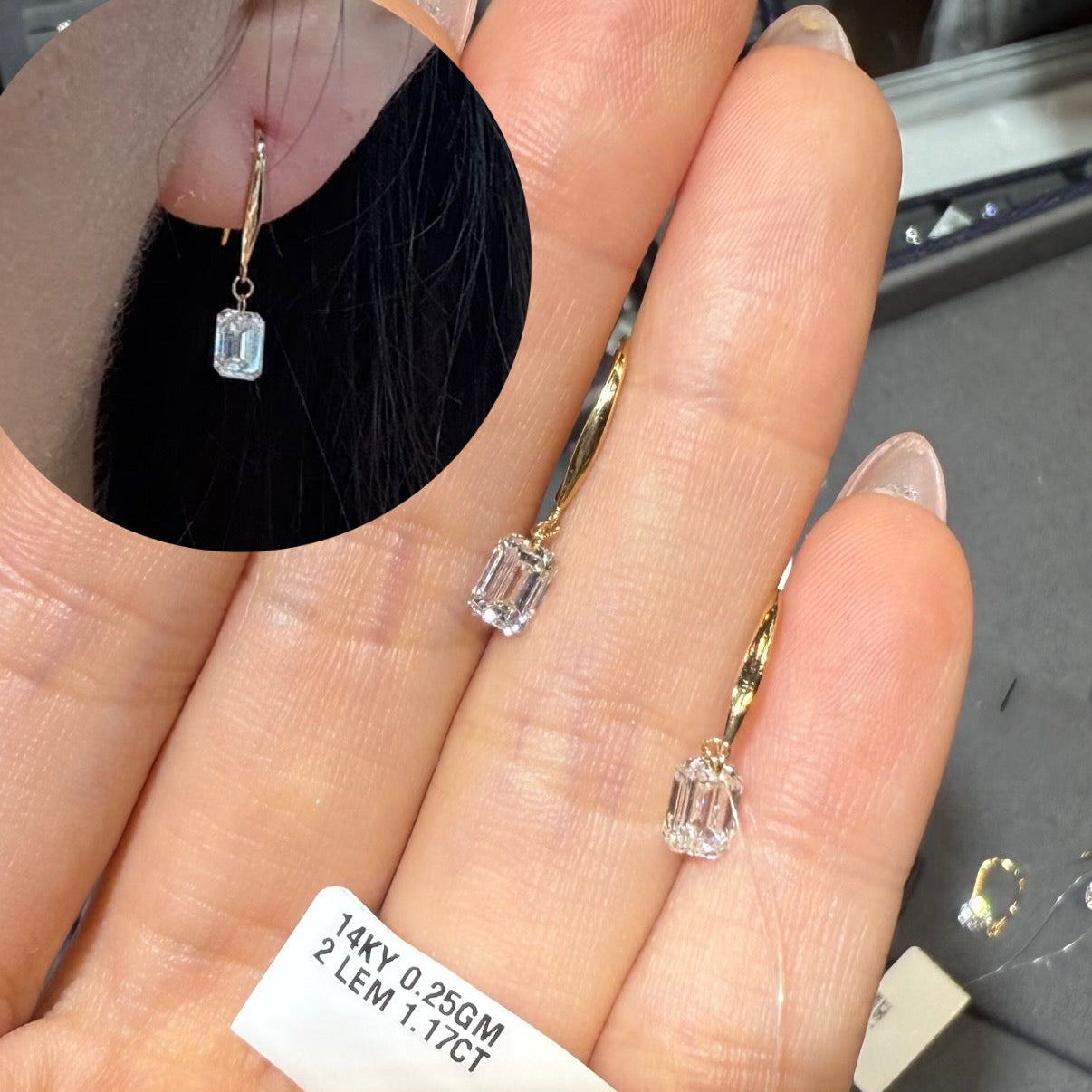 PRE-ORDER 1.17 TCW Emerald Drilled Lab Diamond Dangler Earrings in 14K Gold (Copy)