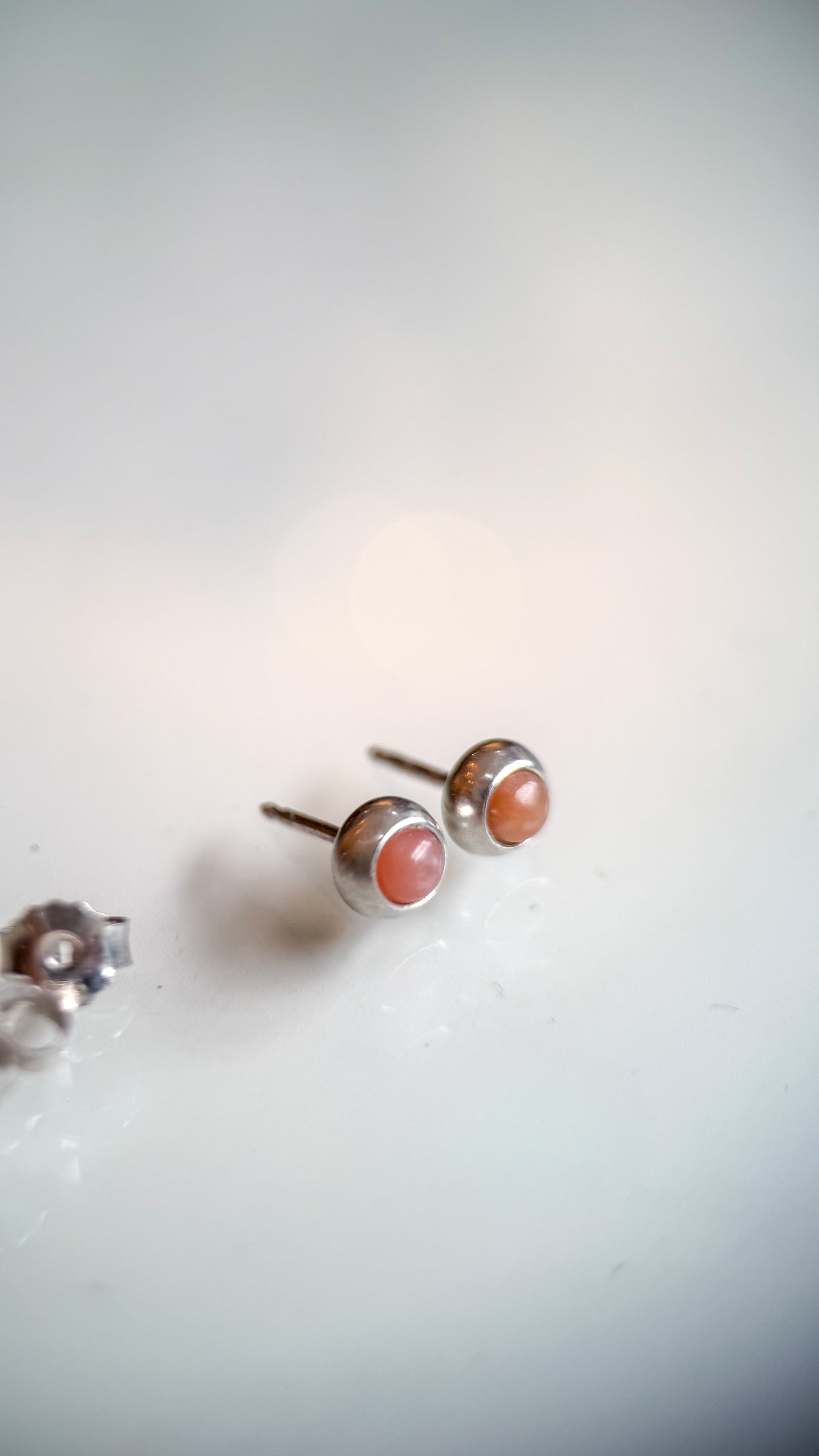 SAMPLE SALE: Peach Moonstone Cabochon Bezel Stud Earrings in Silver