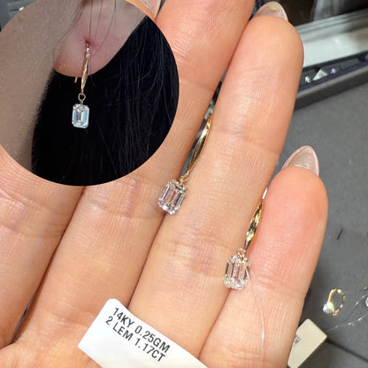 PRE-ORDER 1.17 TCW Emerald Drilled Lab Diamond Dangler Earrings in 14K Gold