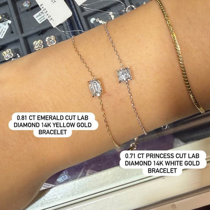 PRE-ORDER Emerald / Princess Cut Solitaire Lab Diamond Chain Bracelet in 14K Gold