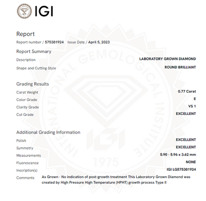 IGI Certified 0.77ct/E/VS1/3EX Round Brilliant cut Diamond