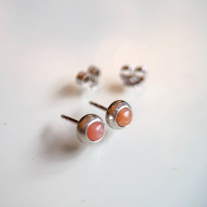 SAMPLE SALE: Peach Moonstone Cabochon Bezel Stud Earrings in Silver