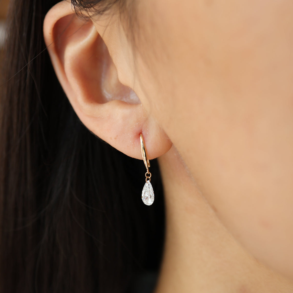 PRE-ORDER 1.13 TCW Pear Drilled Lab Diamond Dangler Earrings in 14K Gold
