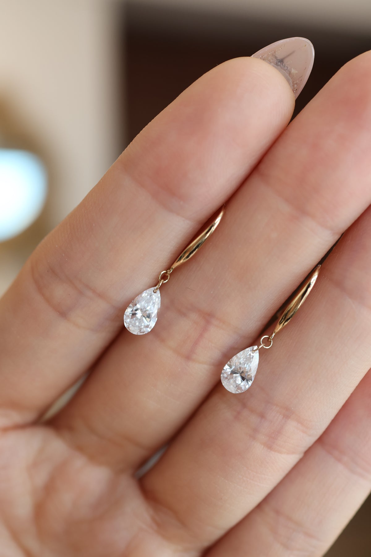 PRE-ORDER 1.13 TCW Pear Drilled Lab Diamond Dangler Earrings in 14K Gold