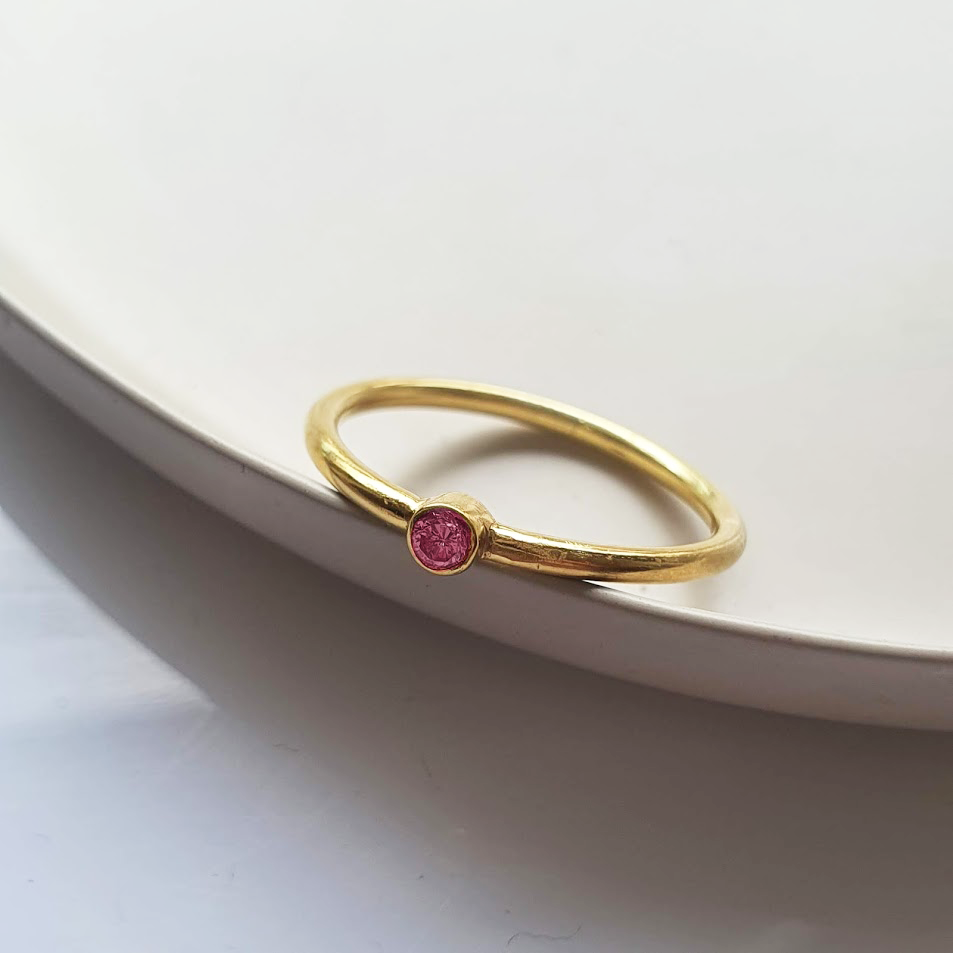 Customizable Round Cut, Bezel Set, Skinny Band Gemstone Ring